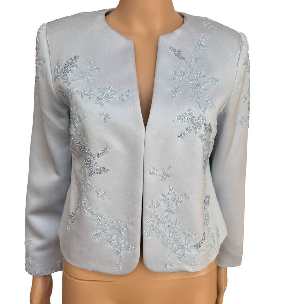 Kay Unger Petites Light Blue Beaded Floral Open Front Evening Jacket Blazer 10P